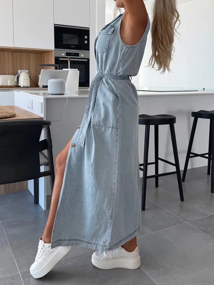 Single - Breasted Lace - Up Cardigan Dress, Women Summer Denim Style Sleeveless Maxi Dress, 2025 Solid Turn - Down Collar Ladies Dress - SN Wigs & More