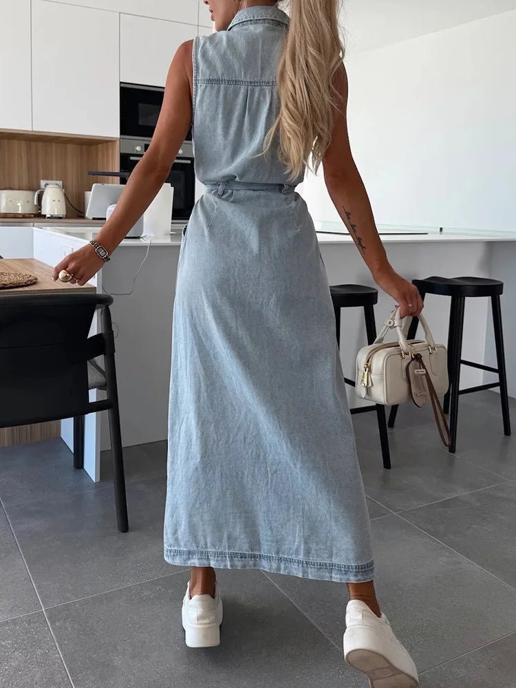 Single - Breasted Lace - Up Cardigan Dress, Women Summer Denim Style Sleeveless Maxi Dress, 2025 Solid Turn - Down Collar Ladies Dress - SN Wigs & More