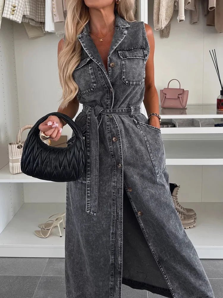 Single - Breasted Lace - Up Cardigan Dress, Women Summer Denim Style Sleeveless Maxi Dress, 2025 Solid Turn - Down Collar Ladies Dress - SN Wigs & More