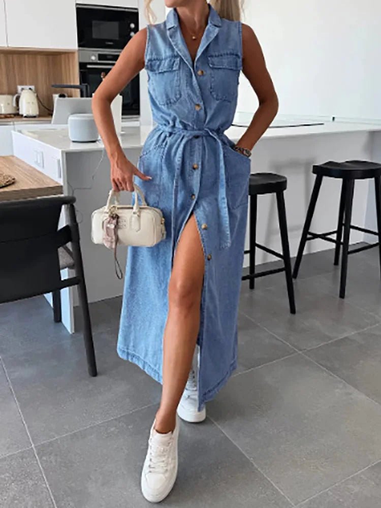 Single - Breasted Lace - Up Cardigan Dress, Women Summer Denim Style Sleeveless Maxi Dress, 2025 Solid Turn - Down Collar Ladies Dress - SN Wigs & More