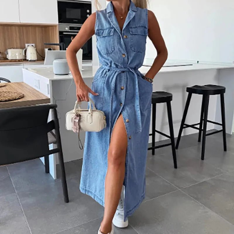 Single - Breasted Lace - Up Cardigan Dress, Women Summer Denim Style Sleeveless Maxi Dress, 2025 Solid Turn - Down Collar Ladies Dress - SN Wigs & More