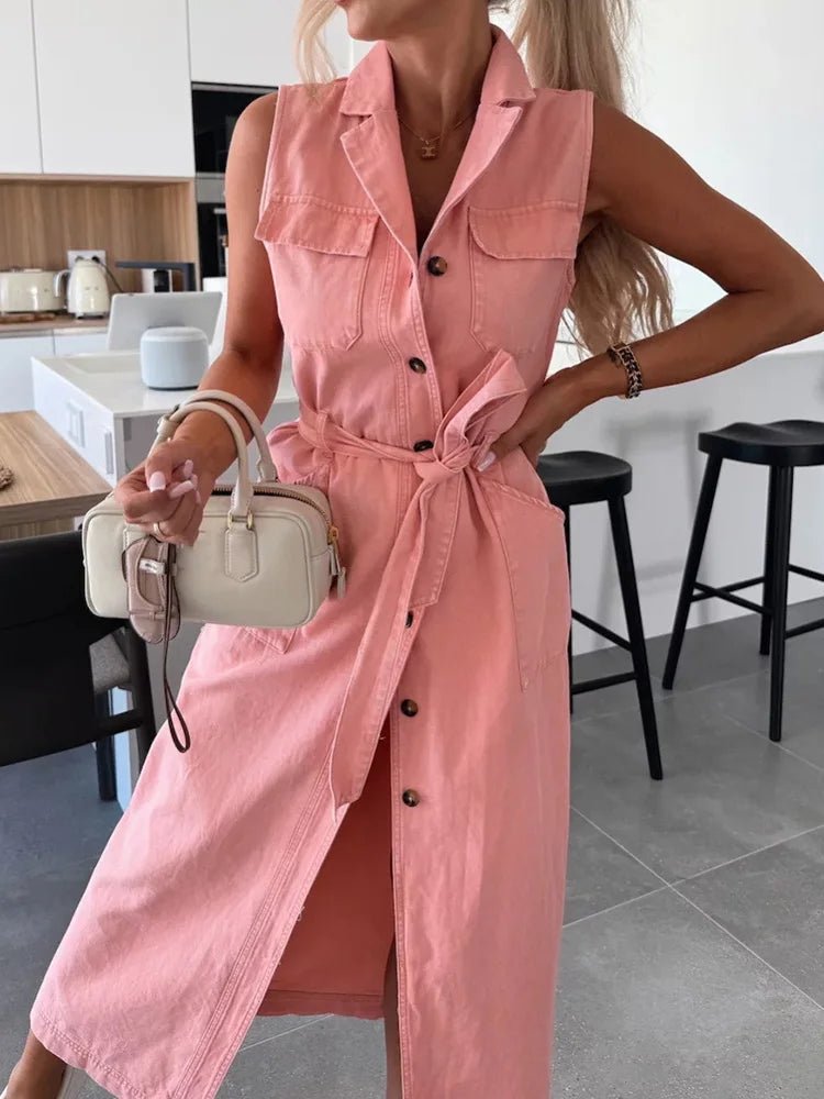 Single - Breasted Lace - Up Cardigan Dress, Women Summer Denim Style Sleeveless Maxi Dress, 2025 Solid Turn - Down Collar Ladies Dress - SN Wigs & More