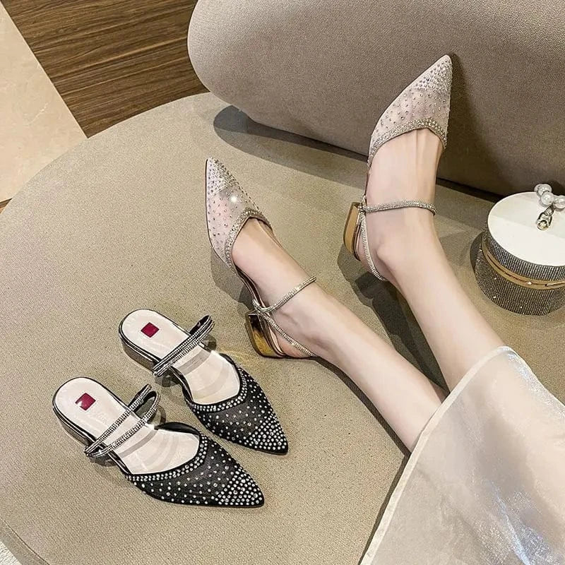 Size 31-43 Low 3CM Block Pointy Toe Sandals RTS Product Mesh Pumps Gold Luxury Heels for Woman
