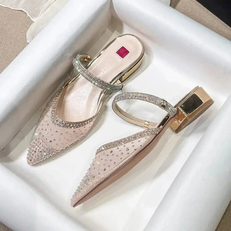 Size 31-43 Low 3CM Block Pointy Toe Sandals RTS Product Mesh Pumps Gold Luxury Heels for Woman