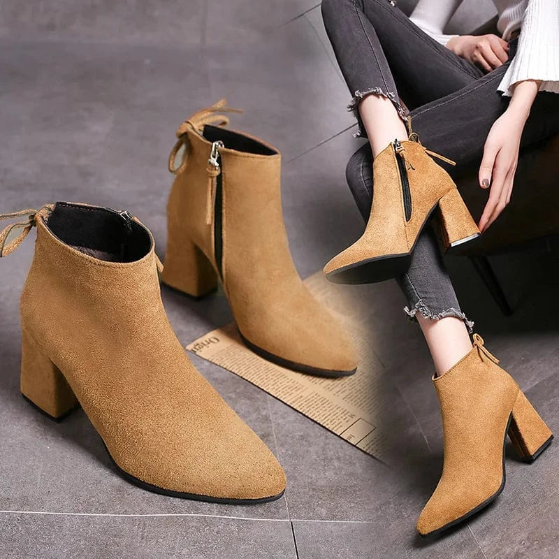 Size 32-43 Autumn/Winter Women's Boots Solid Suede Martin Boots Pointed Thick Heels High Heels Cotton Short Boots