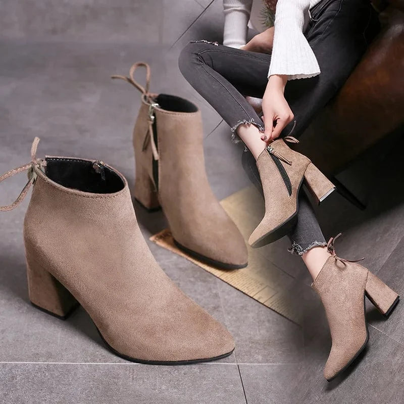 Size 32-43 Autumn/Winter Women's Boots Solid Suede Martin Boots Pointed Thick Heels High Heels Cotton Short Boots