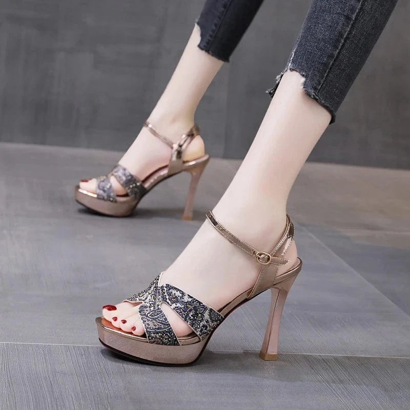 size 34=US size 3.5 / champagne 22 summer new rivet open-toe waterproof platform hollow sandals women's one-word buckle banquet stiletto high-heeled shoes