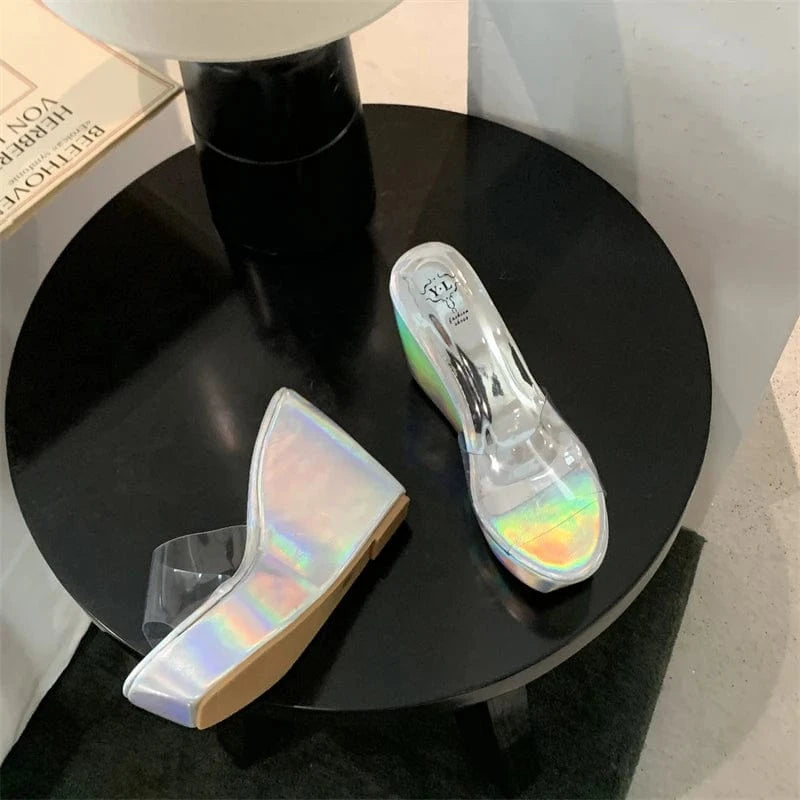 size 34=US size3.5 / silver Hot transparent fish mouth high-end wedge slippers 2024 New