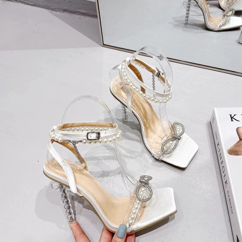 size 35=US size 4 / White 2023 European and American Pearl Rhinestone Butterfly Transparent Stiletto Super High Heel Sandals Wedding Shoes