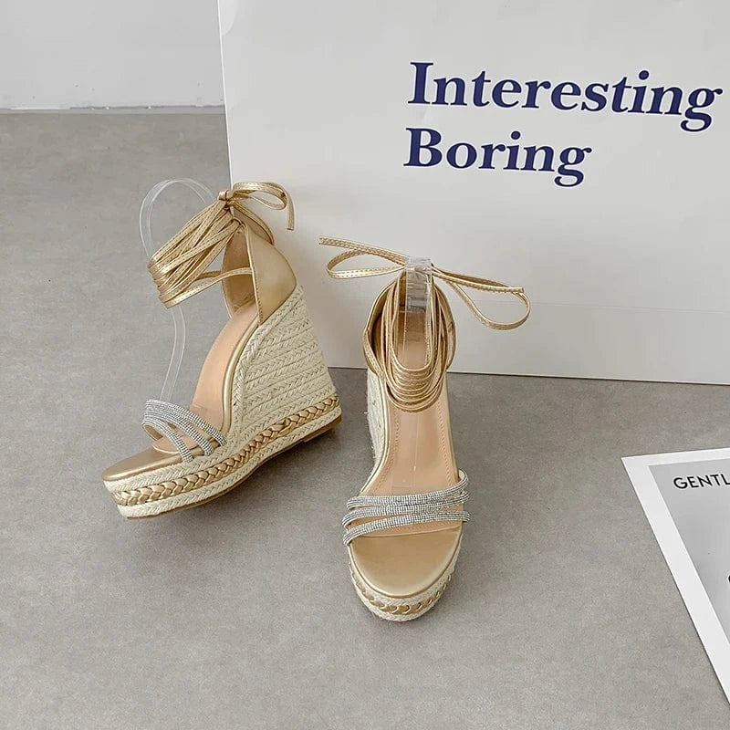 size 39=US size 8 / Gold 2024 wedge super high heel sandals straw straps fashionable open toe thick sole women's shoes