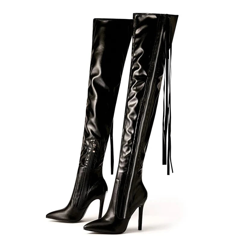 size 40=US size 9 / Black 35-42 super high heel pole dance knee long boots stage performance lacquer thin leg high tube women's bright leather boots