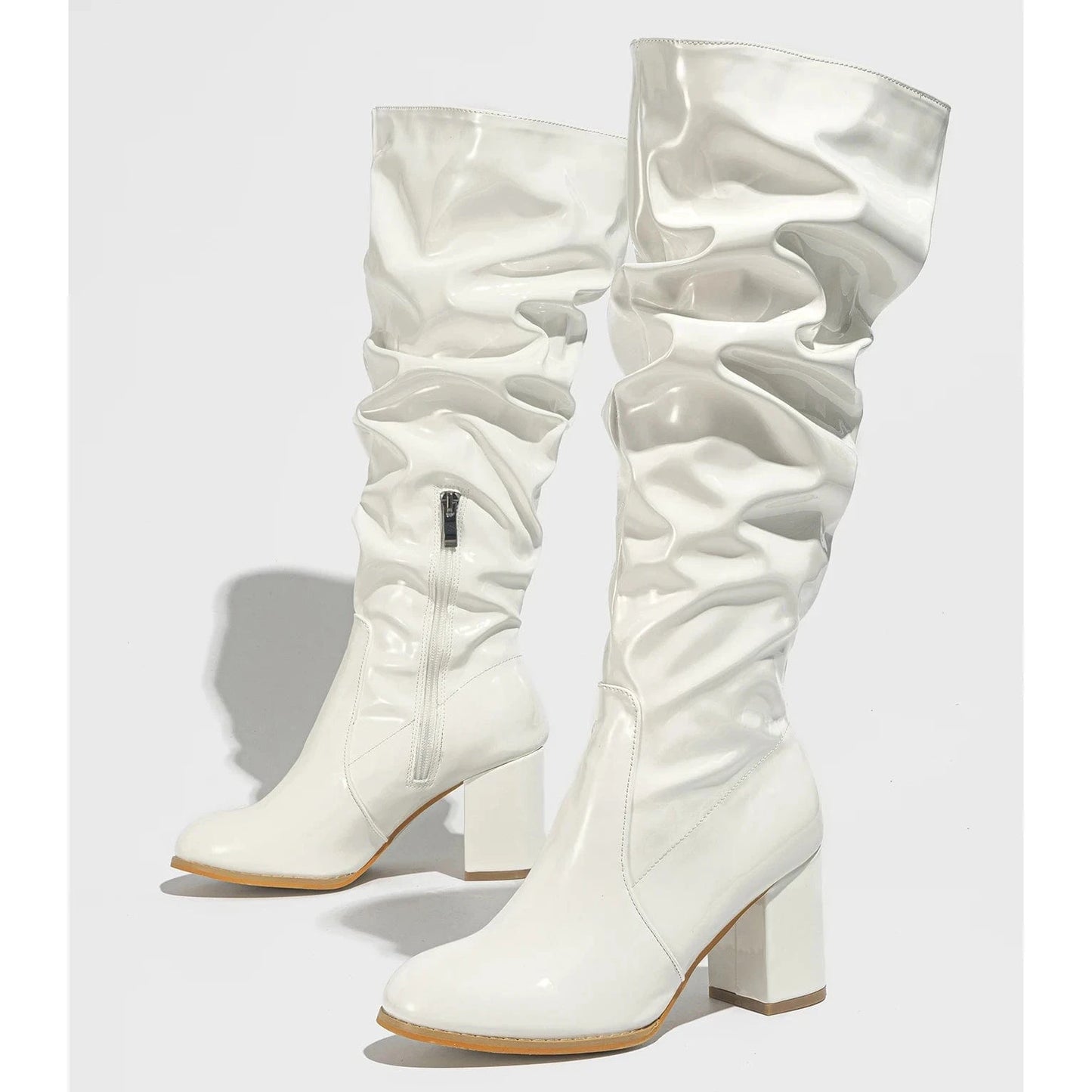 size 40=US size 9 / White 2024 New thick heel natural wrinkle mid-leg all-match round head boots 35-42