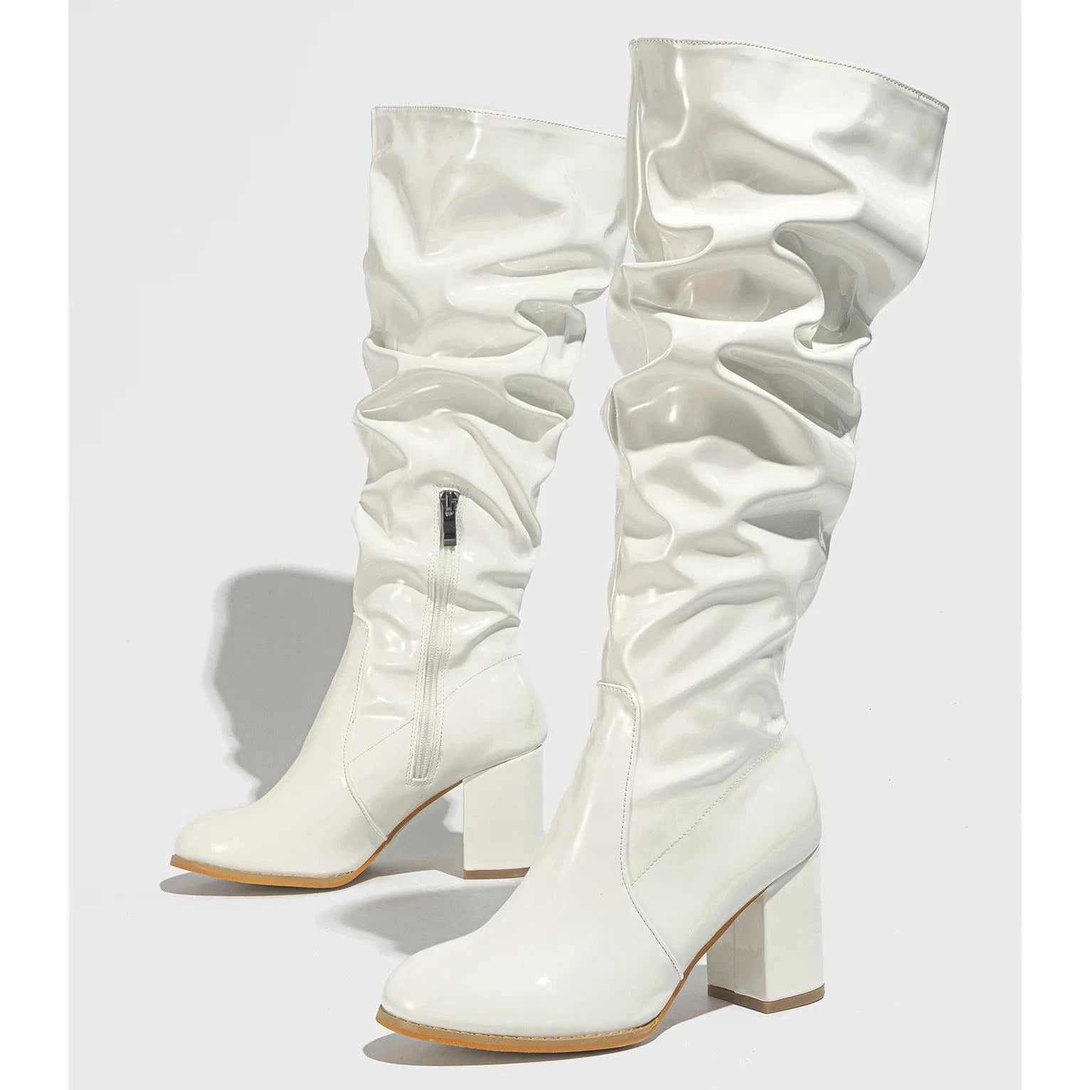 size 40=US size 9 / White 2024 New thick heel natural wrinkle mid-leg all-match round head boots 35-42