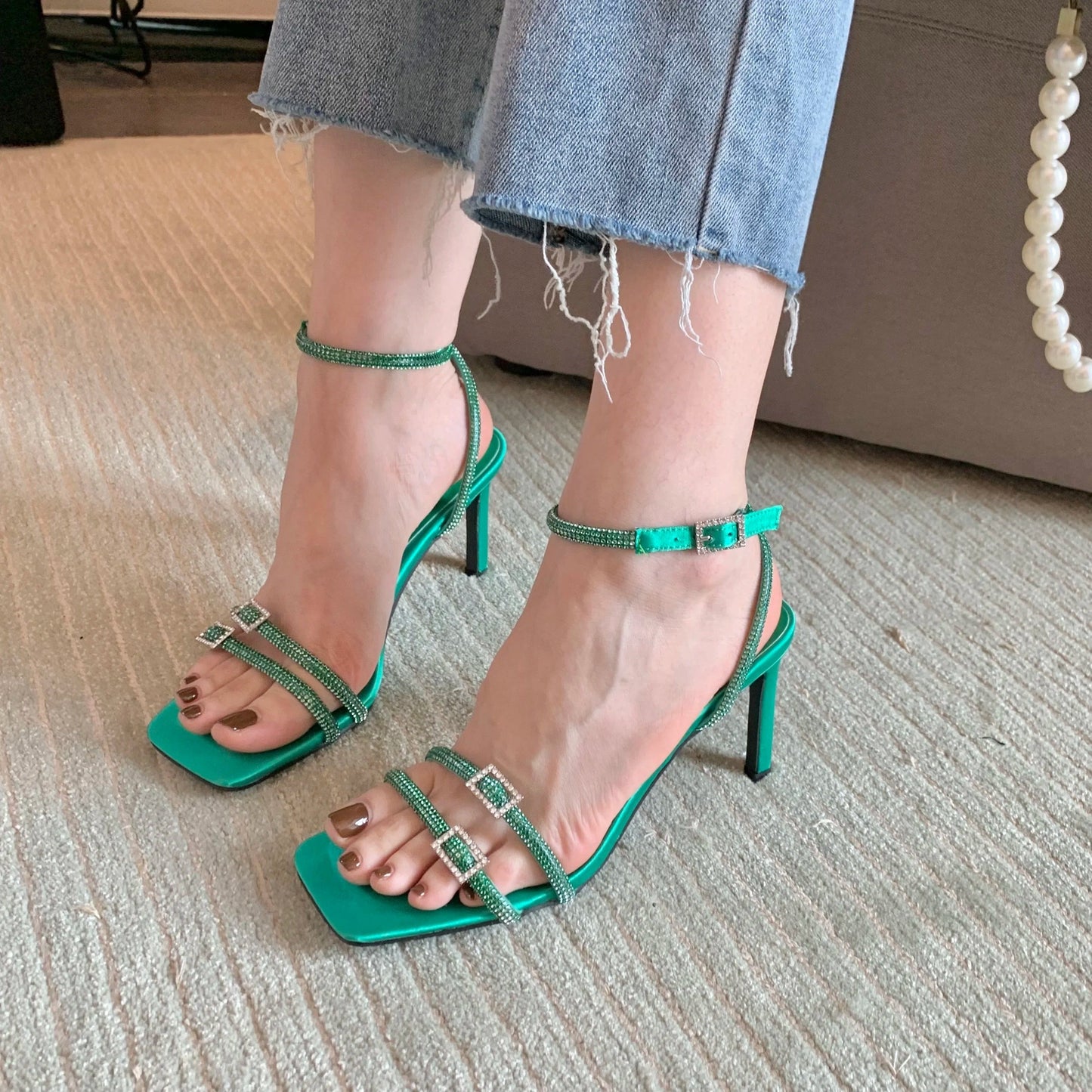 size 42=US size 11 / Green Open Toe Women Sandals Narrow Band Thin High Heels 2023 New Arrivals black green Ankle Strap Stiletto Heels Pumps