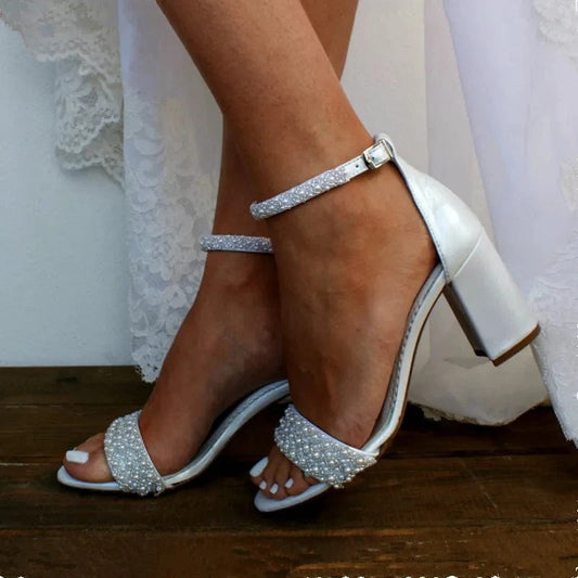 Size 43 White Pearl High Quality Sandals Ladies Chunky Block Heels for Women