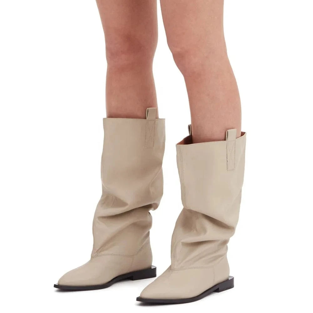 Size 44 Loose Upper Shoes Leather Flat Heels Pointed Toe Slouchy Long Boots Women's Wide Fit Knee High Booties