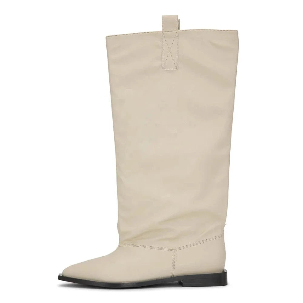 Size 44 Loose Upper Shoes Leather Flat Heels Pointed Toe Slouchy Long Boots Women's Wide Fit Knee High Booties