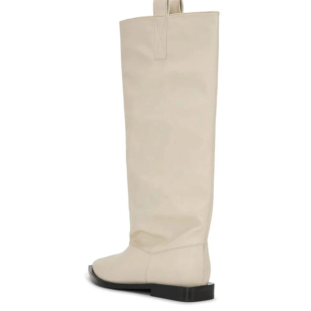 Size 44 Loose Upper Shoes Leather Flat Heels Pointed Toe Slouchy Long Boots Women's Wide Fit Knee High Booties