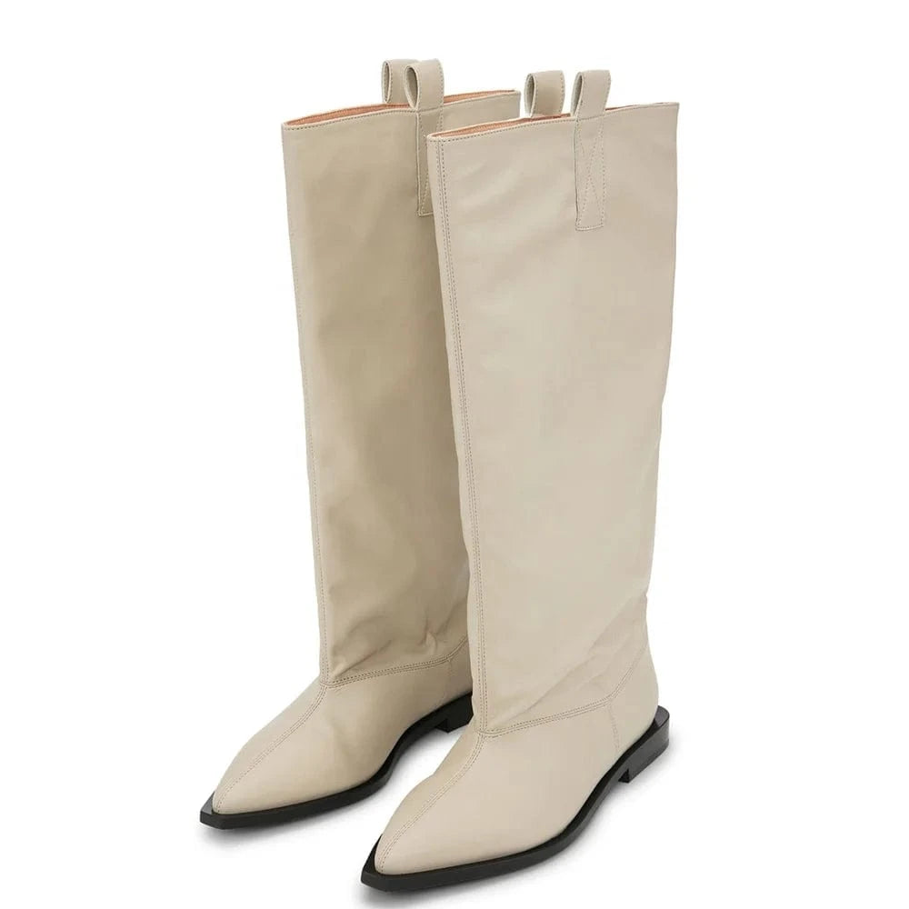 Size 44 Loose Upper Shoes Leather Flat Heels Pointed Toe Slouchy Long Boots Women's Wide Fit Knee High Booties