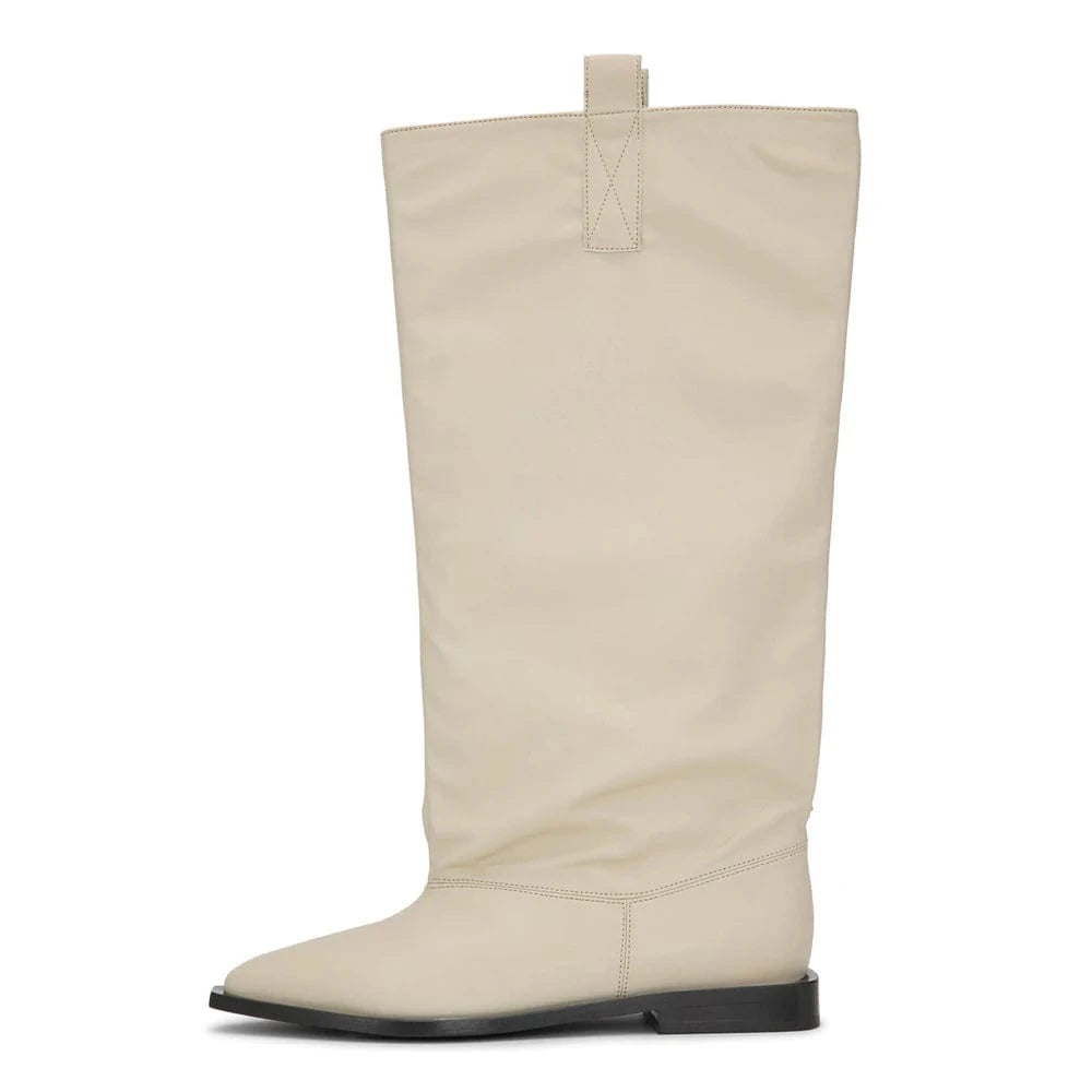 Size 44 Loose Upper Shoes Leather Flat Heels Pointed Toe Slouchy Long Boots Women's Wide Fit Knee High Booties