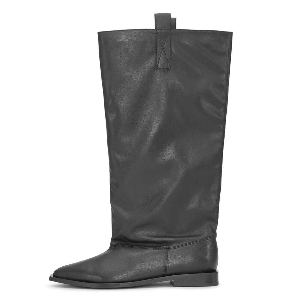 Size 44 Loose Upper Shoes Leather Flat Heels Pointed Toe Slouchy Long Boots Women's Wide Fit Knee High Booties