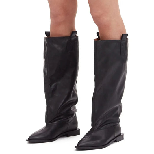 Size 44 Loose Upper Shoes Leather Flat Heels Pointed Toe Slouchy Long Boots Women's Wide Fit Knee High Booties