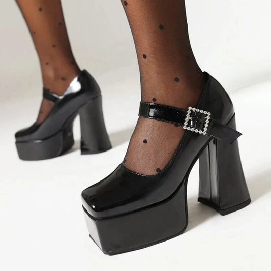 Size 45 Wide Fit Ladies Pumps High Platform Chunky High Heels Shoe Square Toe Women Buckle Strap Mary Jane Shoes