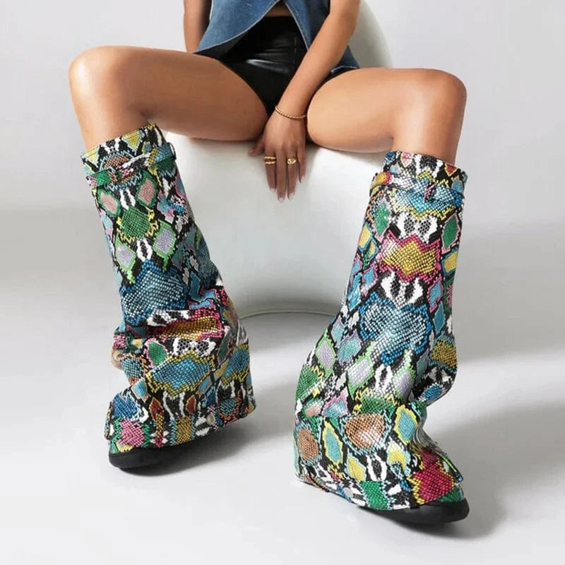 Size 48 3D Colorful Print Long Boots Wedge Heels Shark Lock Knee High Snake Booties Women Thick Bottom Flat Slip-on Shoes