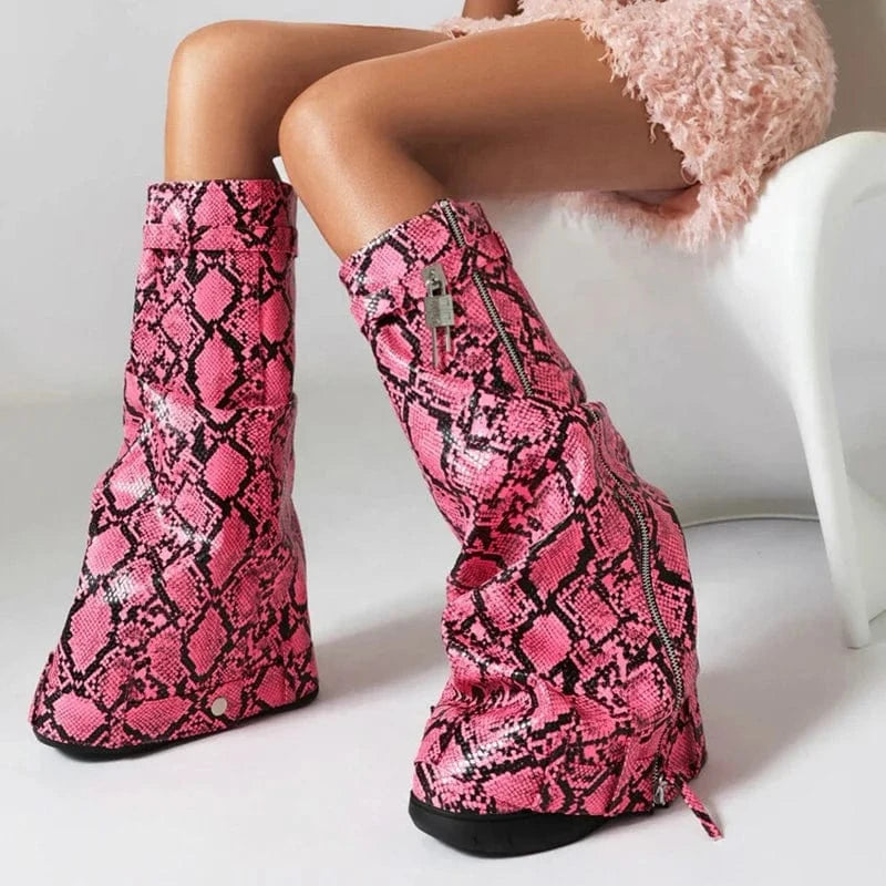 Size 48 3D Colorful Print Long Boots Wedge Heels Shark Lock Knee High Snake Booties Women Thick Bottom Flat Slip-on Shoes