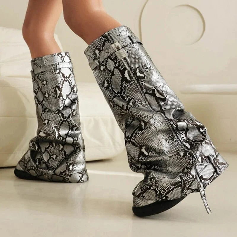 Size 48 3D Colorful Print Long Boots Wedge Heels Shark Lock Knee High Snake Booties Women Thick Bottom Flat Slip-on Shoes