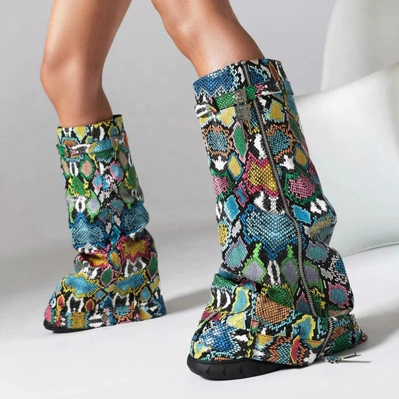 Size 48 3D Colorful Print Long Boots Wedge Heels Shark Lock Knee High Snake Booties Women Thick Bottom Flat Slip-on Shoes