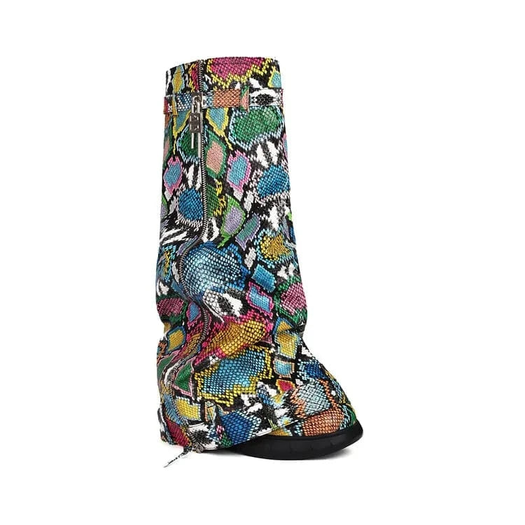 Size 48 3D Colorful Print Long Boots Wedge Heels Shark Lock Knee High Snake Booties Women Thick Bottom Flat Slip-on Shoes