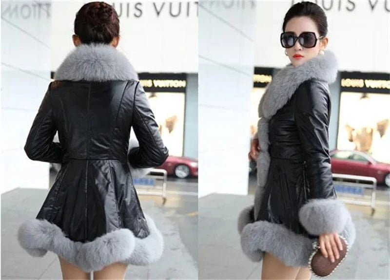 Size 6XL Women's Clothing Autumn Winter Imitation Fox Fur Big Fur Collar Thick Warm Female's Leather Jacket Slim Fur Coat