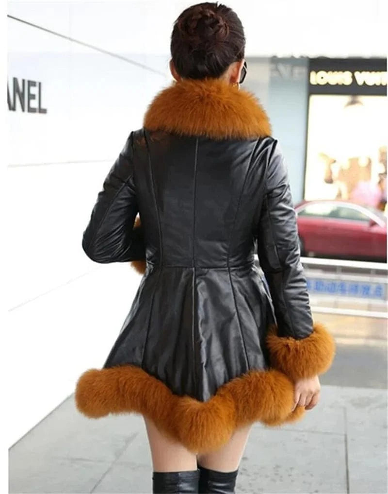 Size 6XL Women's Clothing Autumn Winter Imitation Fox Fur Big Fur Collar Thick Warm Female's Leather Jacket Slim Fur Coat