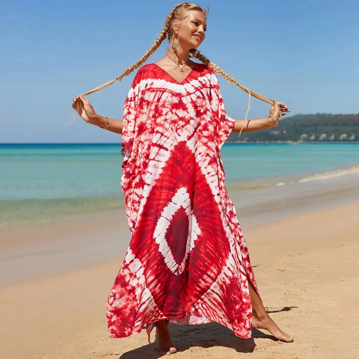 Size fits all / 35-Red DAMOCHIC Fashion Cover Up Swimwear Women Plus Size Swim Suit Cover Ups Kaftan Sarong Rayon Print Long Maxi Beach Dresses 2023