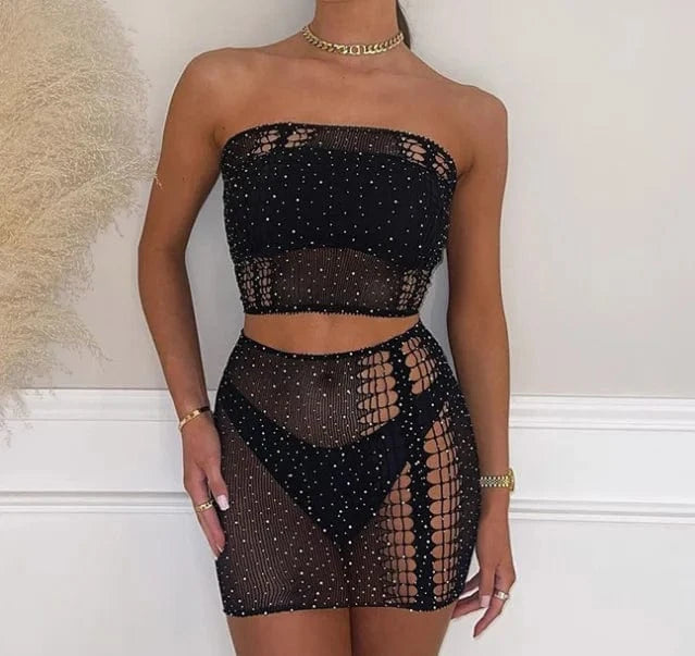 Size fits all / Black Sexy bright diamond swimsuit shinny bikini black tube top summer swimsuits 2024