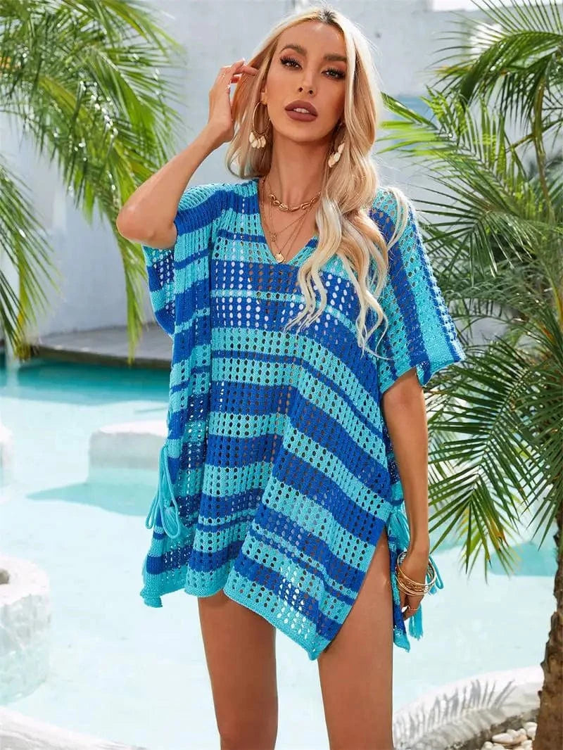 Size fits all / Blue 2024 Sexy Crochet Beach Dress Bikini Cover Up Women Beach Wear Hollow Out Swimsuit Summer Outfits Women Swimwear Cover Ups