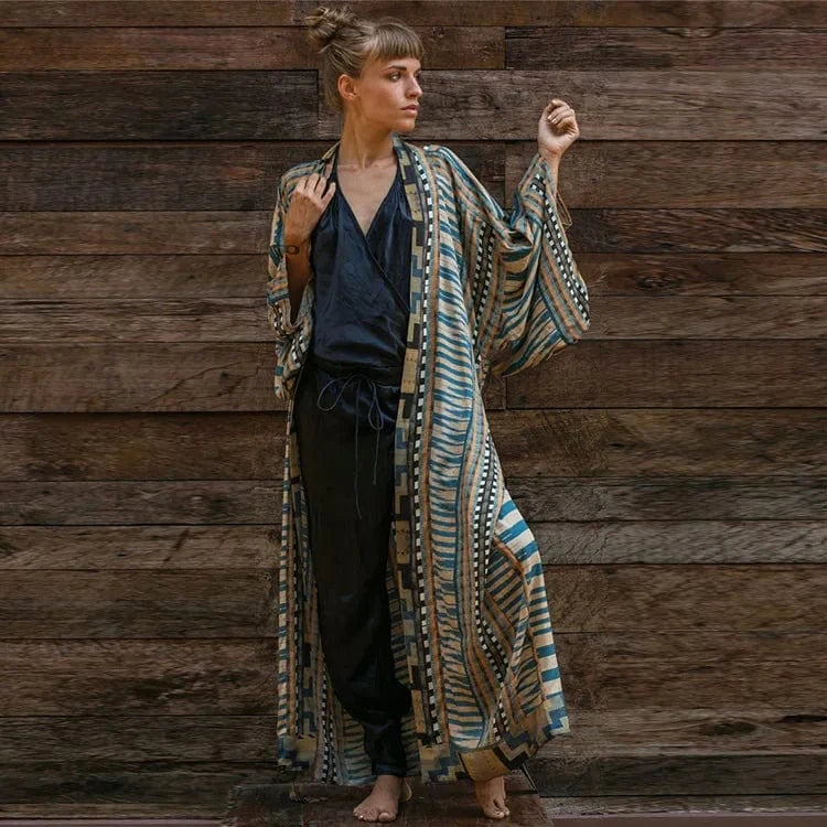 Size fits all / DN0428 blue printing DAMOCHIC Wholesale Printed Sexy Swim Cardigan With Waistband Beach Cover Up Vacation Long Kimono Bikini Cover Up Beachwear 2023