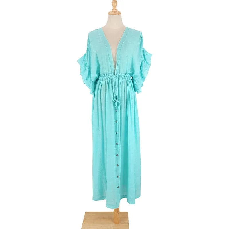 Size fits all / Light blue DAMOCHIC Summer Long Dress Female Sexy Deep V-Neck Beach Dresses Swimsuit Cover Up White Ladies Loose Maxi Beach Dresses 2023