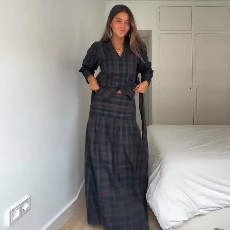 Skirt Set With V Neck Puff Sleeves Cinched Waist Belt Floor Length Vintage Plaid Evening Wear - SN Wigs & More