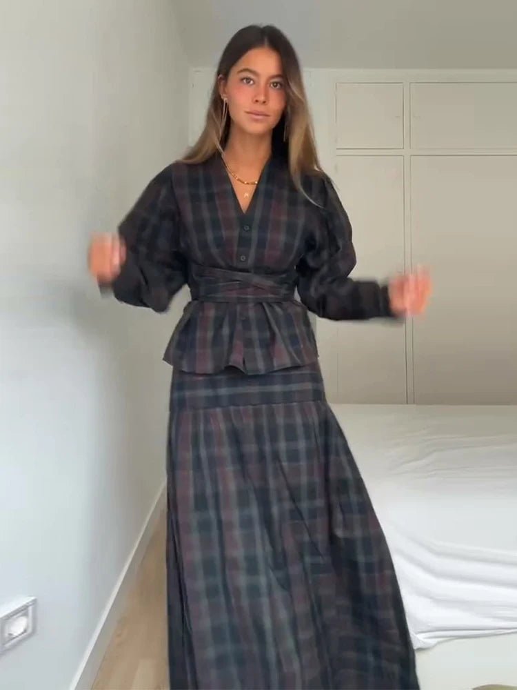 Skirt Set With V Neck Puff Sleeves Cinched Waist Belt Floor Length Vintage Plaid Evening Wear - SN Wigs & More