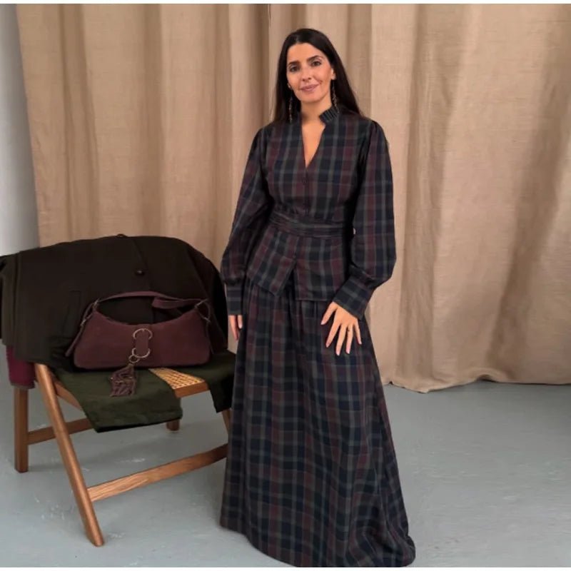 Skirt Set With V Neck Puff Sleeves Cinched Waist Belt Floor Length Vintage Plaid Evening Wear - SN Wigs & More