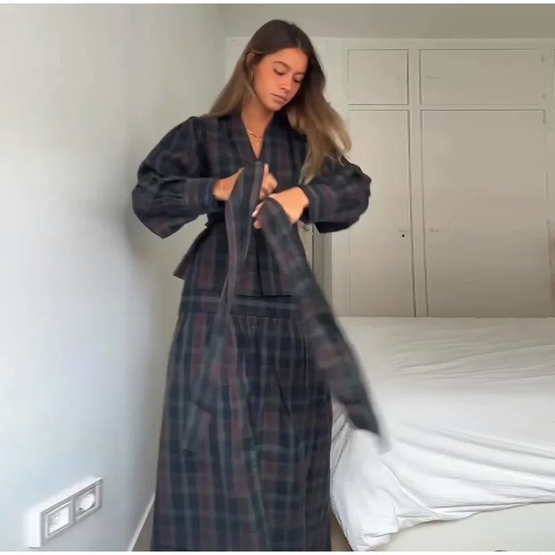 Skirt Set With V Neck Puff Sleeves Cinched Waist Belt Floor Length Vintage Plaid Evening Wear - SN Wigs & More