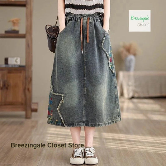 skirt / XXL American Embroidered National Style Loose Denim Skirt Women's Spring and Summer New Fashion Temperament with Wild Skirt.
