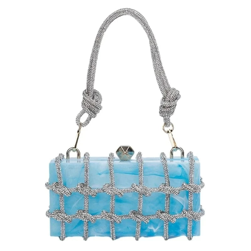 Sky Blue Transparent Wedding Party Handbags for Women Luxury Clear Acrylic Box Purse Woven Knotted Rhinestone Clutch Bag Evening Bags