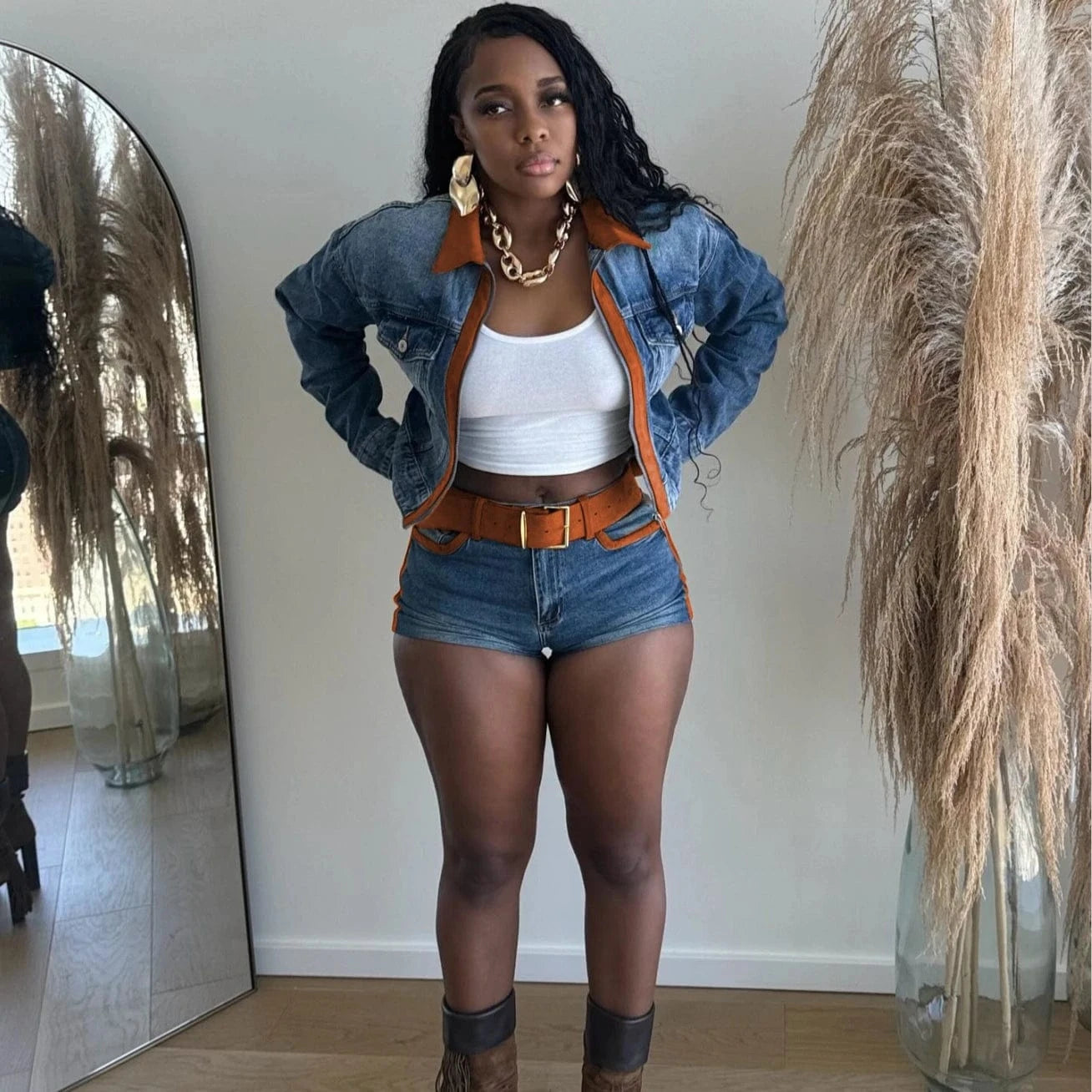 Sky Blue / XL FAGADOER Retro Sexy Woman 2 Piece Set Outfit Long Sleeves Color Block Zipper Crop Jackets and Shorts Female Streetwear Clothing