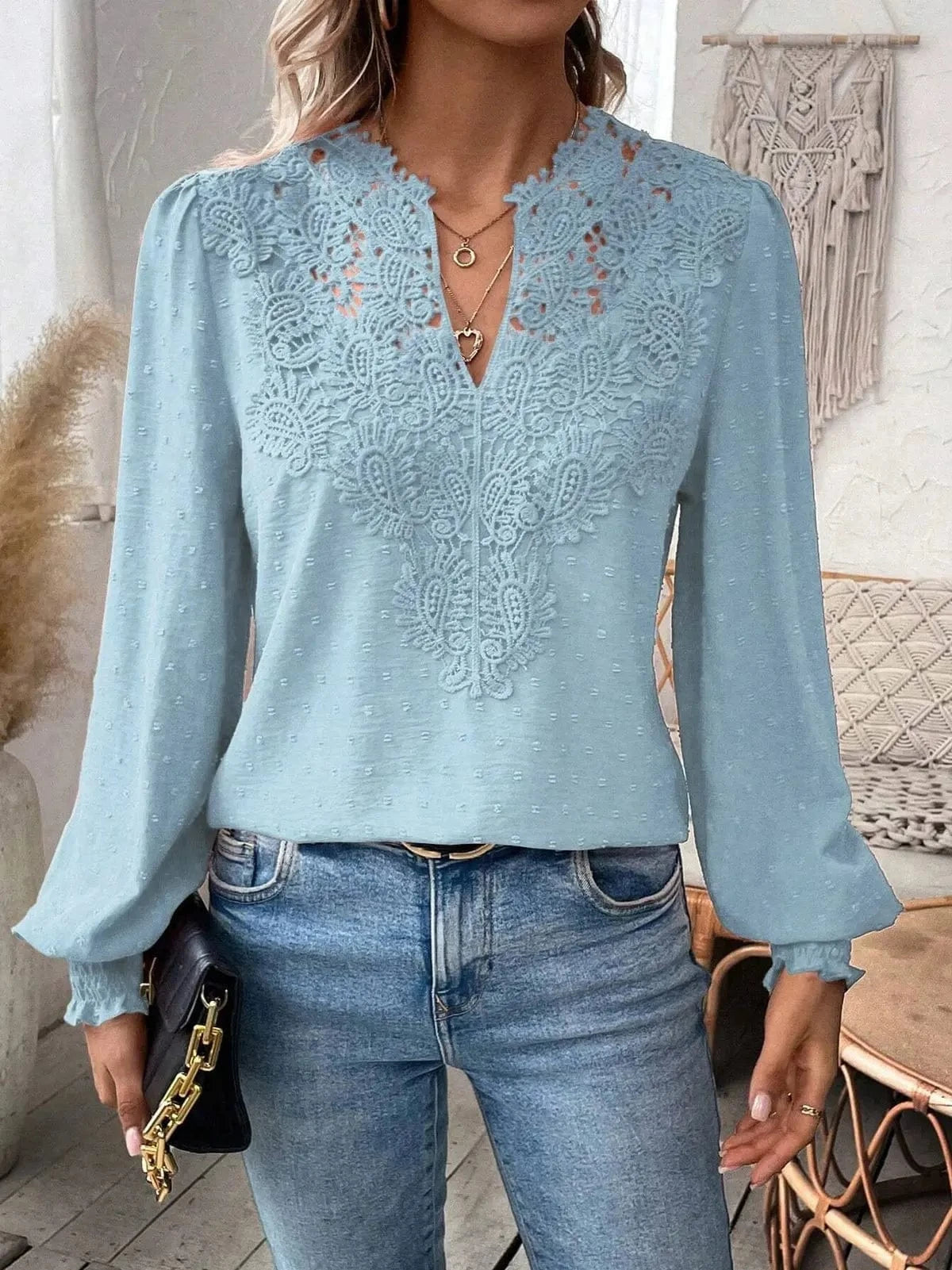 SKY BLUE / XL Womens Long Sleeve Sweaters Fall 2024 Trendy Sexy Lace V Neck Puff Sleeve Pullover Sweater Cute Tops