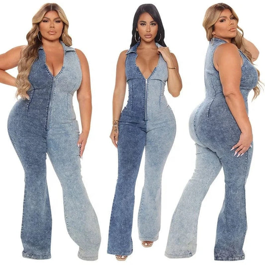 Sleeveless Denim Romper Woman One Piece Romper Casual Jeans Playsuit Overalls Front Zipper Color Matching Denim Jeans Jumpsuit