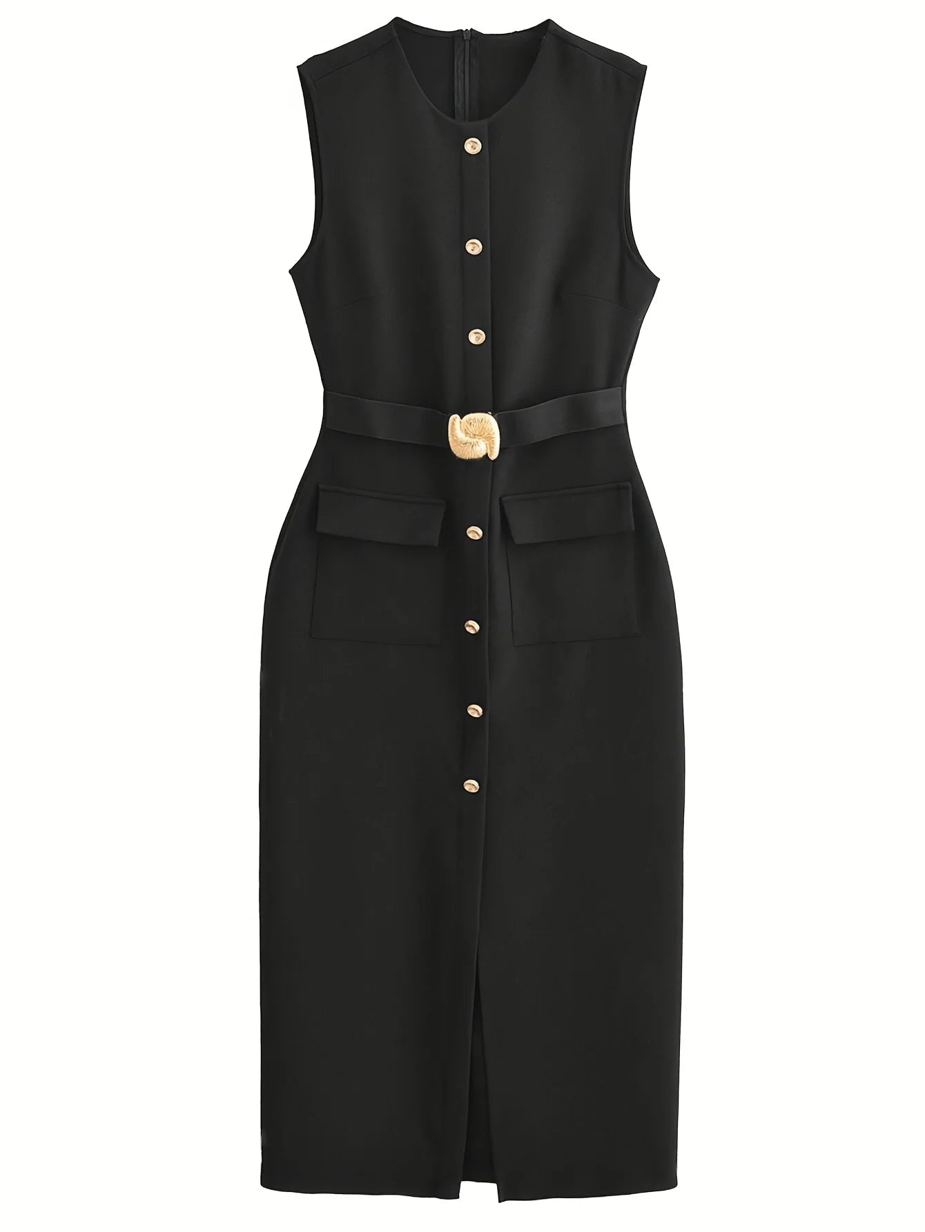 Sleeveless Dress Belted Button Down Front Slit Solid Color Office Elegant Chic Style - SN Wigs & More