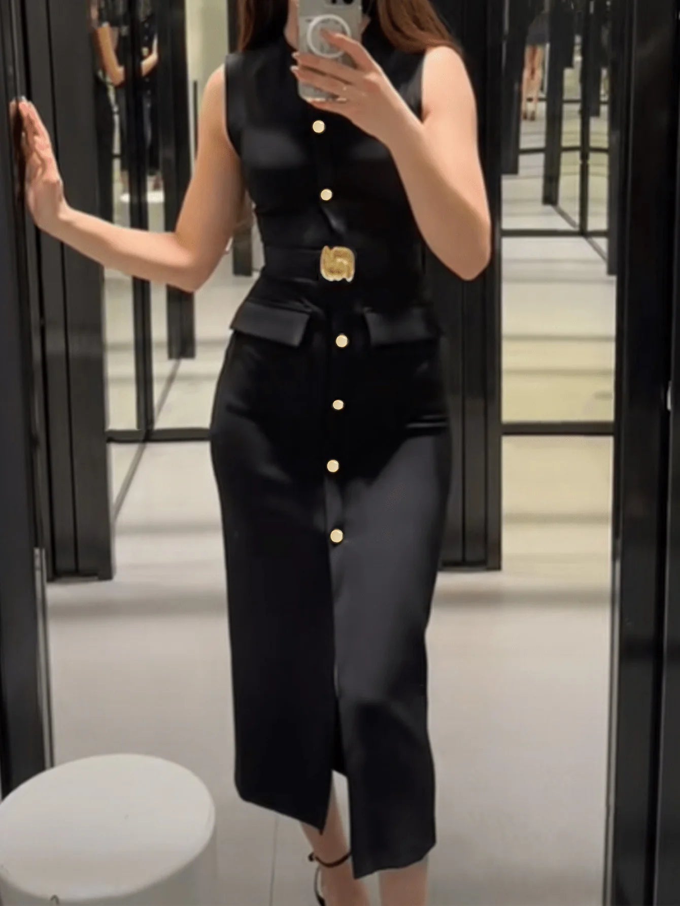 Sleeveless Dress Belted Button Down Front Slit Solid Color Office Elegant Chic Style - SN Wigs & More